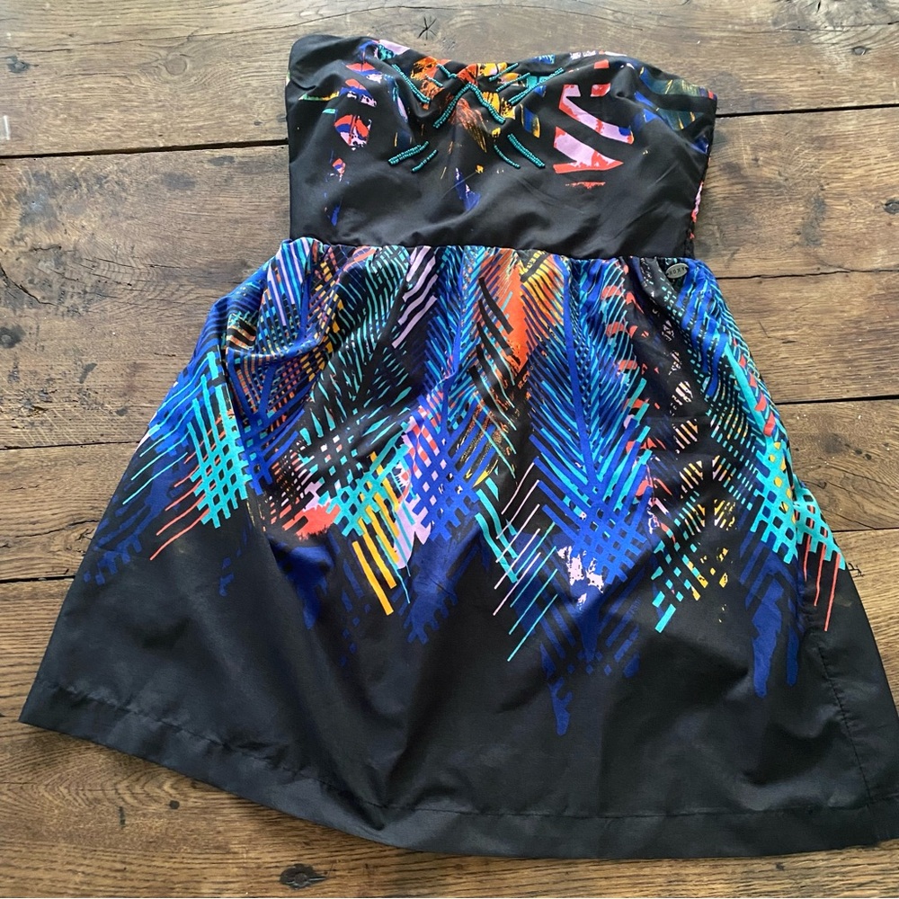 Roxy Black and Blue Strapless Sundress Pleated Cocktail NWOT size L